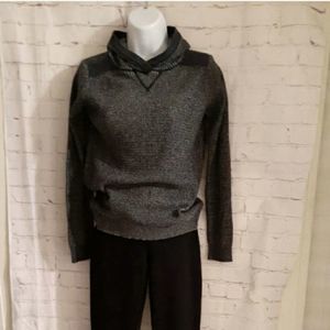 7 For All Mankind Marled Dark Blue Cotton Thermal Knit Hooded Sweatshirt Sz.M